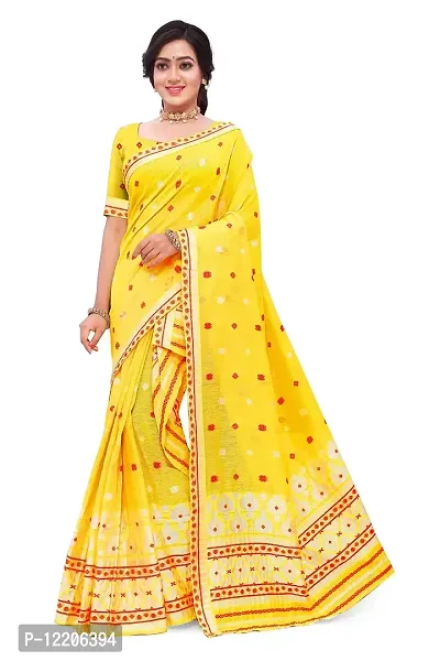 S Kiran's Women's Plain Weave Cotton Blend Saree With Blouse Piece (Cotton7193Yellow_Yellow)