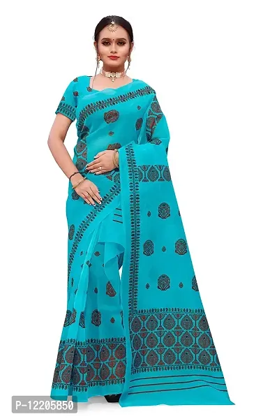 S Kiran's Women's Plain Weave Organza Mekhela Chador With Blouse Piece (PrintDn4471Firozi_Multicolour)-thumb0