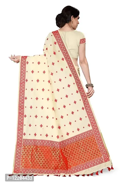 S Kiran's Women's Plain Weave Art Silk Saree With Un-Stitched Blouse Piece (ADDn18CreamRed_Multicolored)-thumb3