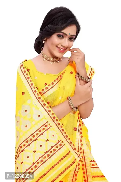 S Kiran's Women's Plain Weave Cotton Blend Saree With Blouse Piece (Cotton7193Yellow_Yellow)-thumb2