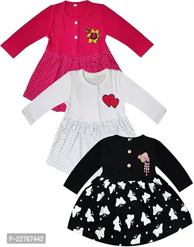 KidzzCart Baby Girl's Pure Cotton Frock Dress Full Sleeves Pack of 3