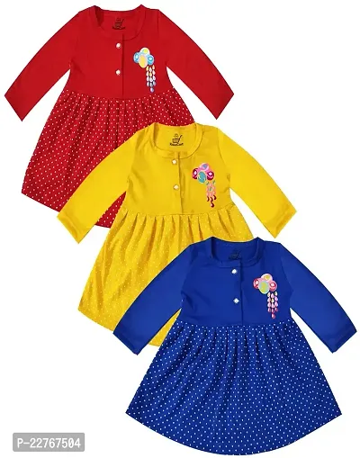 KidzzCart Baby Girl's Pure Cotton Frock Dress Full Sleeves Pack of 3-thumb0