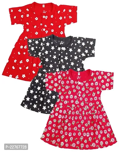 KidzzCart Baby Girl's Pure Cotton Fit  Flare Frock Dress Half Sleeves. Pack of 3 (0-6 Months) Multicolour-thumb0