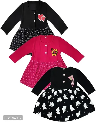 KidzzCart Baby Girl's Pure Cotton Frock Dress Full Sleeves Pack of 3