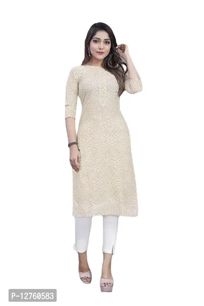 Stylish Straight Cream Self Design Viscose Rayon Kurta For Women-thumb0