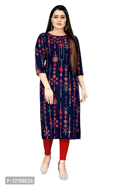 Stylish Straight Navy Blue Printed Viscose Rayon Kurta For Women