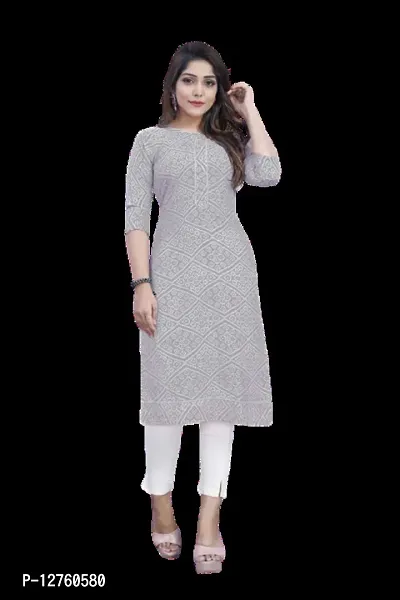 Stylish Straight Grey Self Design Viscose Rayon Kurta For Women-thumb0