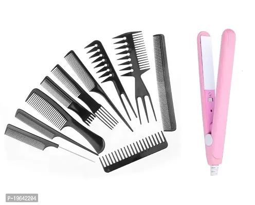 Mini Straightener (Colors May Vary) with 10 Combs Set For Professional Hair Salon Styling (Set of 11)