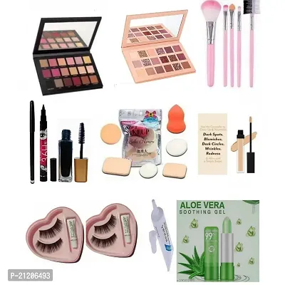 Best Face Makeup Combo Kit 004 Pro Girls, Multi Shades Eyeshadow Palette Red Rose Gold  Nude Shade, Makeup Brushes, Puffs,  Kajal, Eyeliner, Mascara, Concealer, Fake Eyelashes with Glue, Lip Balm-thumb0