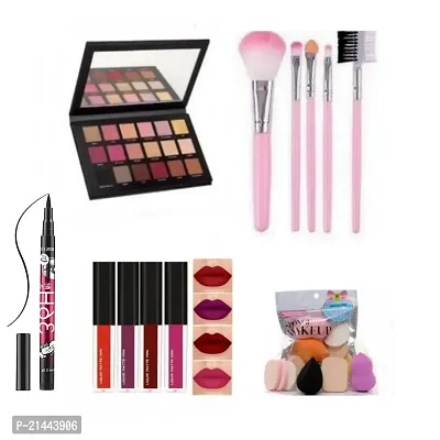 EyeShadow Palette Rose Gold Red Shade, 5in1 Makeup Brush Set, 6in1 Puff, 4in1 Red Liquid Lipstick  Eyeliner 36H-thumb0