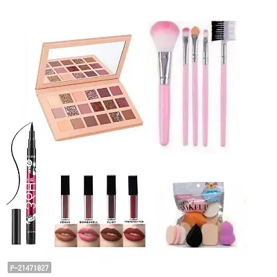 EyeShadow Palette NU DE Shade, 5in1 Makeup Brush Set, 6in1 Puff, 4in1 Liquid Lipstick  Eyeliner 36H