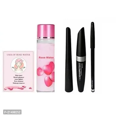 Rose Water/Gulab Jal PureNatural with Professional 3in1 Eye Makeup Kit Matte Finish Combo Beauty Set, Waterproof Liquid Eyeliner Smudge Proof Eyebrow Pencil and Long Stay Mascara for Girls and Women