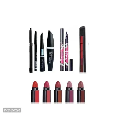 Combo of 5in1 Red Lipstick with 3in1 Eyeliner Mascara Eyebrow Pencil, 36Hr Liquid Eyeliner  Kajal