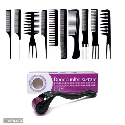 Professional Multipurpose 10 Pcs Hair Comb Set Hair Brush for Hair Cutting and Styling with Derma Roller with Micro Needles (0.5mm) Suitable for Beard, Reduces Hair Fall Easy to use-thumb0