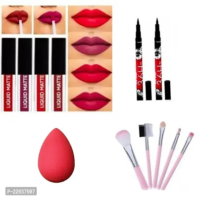 Lipstick Liquid Matte Red Edition Set, 5in1 Makeup Brush, 2pcs Liquid Eyeliner 36h or Beauty Blender Puff-thumb0