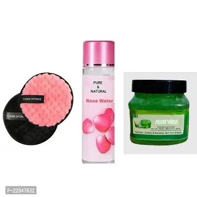 Re-useable Makeup Removing and Facial Cleansing Pads (Colors May Vary), Rose Water/Gulab Jal Pure  Natural Premium Rose water Skin Toner, Cleanser and Makeup Remover  Aloe Vera Gel (Set of 4)