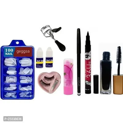 Beautiful Makeup Combo Kit CC Mascara, Liquid Eyeliner 36Hours,  kajal,  Eyelashes,  Curler,  Lip Balm Pink Magic Artificial/Fake Nails with 2 Nail Glue