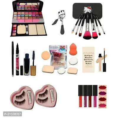 Best Face Makeup Combo 005 Pro. Girls, 18 Shades Eyeshadow Palette 6155, EyeLash Curler, HK 7 Pcs Makeup Brushes, 6in1 Puff, Kajal, Eyeliner, Mascara, Concealer, False/Artificial Eyelashes  Glue with-thumb2