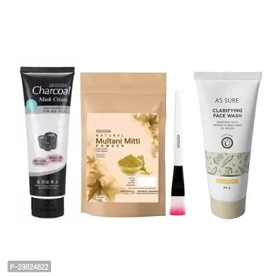 Face Pack Set Charcoal Peel-Off Mask, Natural Mitti Powder, Neem Face Wash and Face Pack Brush