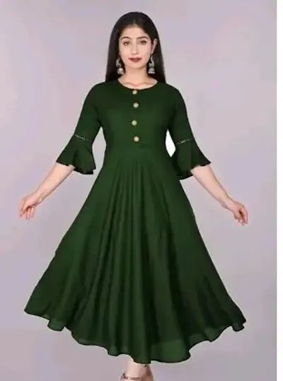 Womens Solid Round Flared Bell Sleeves Kurti (Green)