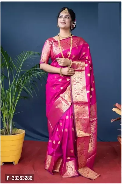 Beautiful Pink Cotton Silk Woven Design Saree with Blouse Piece For Women-thumb0