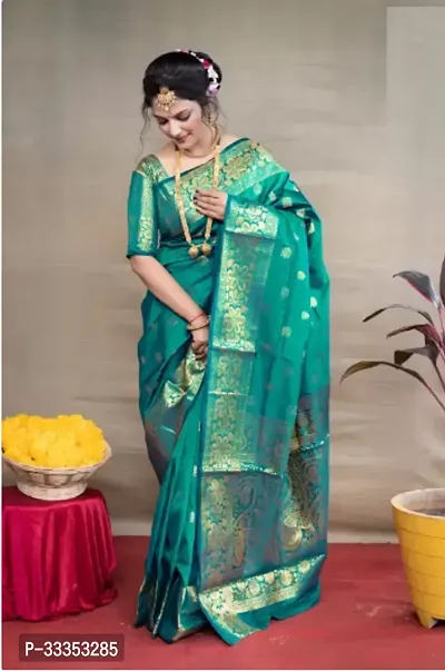 Beautiful Turquoise Cotton Silk Woven Design Saree with Blouse Piece For Women-thumb0