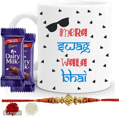 Rakhi Gift For Brother Combo With Chocolatesrakhi With Sweets Funny Quote Swag Wala Bhai Printed Coffee Mug With Kumkumrice Set 2 Pc Chocolate