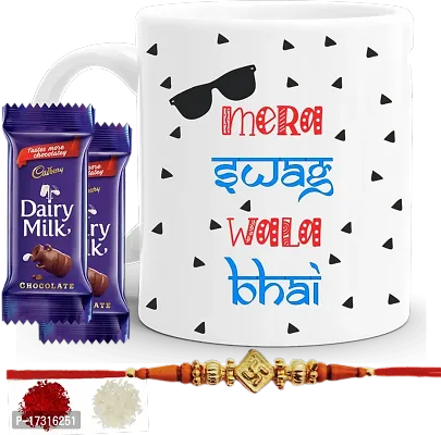 Rakhi Gift For Brother Combo With Chocolatesrakhi With Sweets Funny Quote Swag Wala Bhai Printed Coffee Mug With Kumkumrice Set 2 Pc Chocolate-thumb0