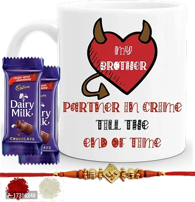 Rakhi Gift For Brother Combo With Chocolatesrakhi With Sweets Funny Quote Partner In Crime Printed Coffee Mug With Kumkumrice Set 2 Pc Chocolate-thumb0