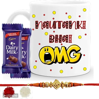 Rakhi Gift For Brother Combo With Chocolatesrakhi With Sweets Funny Quote Nautanki Bhai Printed Coffee Mug With Kumkumrice Set 2 Pc Chocolate