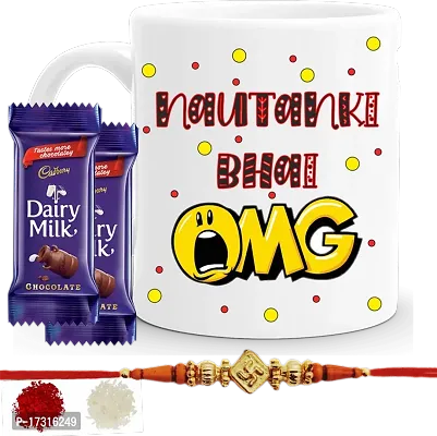 Rakhi Gift For Brother Combo With Chocolatesrakhi With Sweets Funny Quote Nautanki Bhai Printed Coffee Mug With Kumkumrice Set 2 Pc Chocolate-thumb0