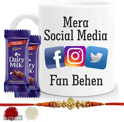 Rakhi Gift For Brother Combo With Chocolatesrakhi With Sweets Funny Quote Social Media Fan Bhai Printed Coffee Mug With Kumkumrice Set 2 Pc Chocolate-thumb0