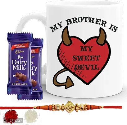 Rakhi Gift For Brother Combo With Chocolatesrakhi With Sweets Funny Quote Sweet Devil Printed Coffee Mug With Kumkumrice Set 2 Pc Chocolate