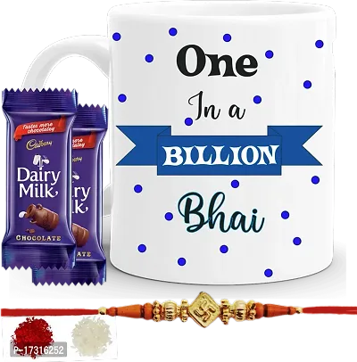 Rakhi Gift For Brother Combo With Chocolatesrakhi With Sweets Funny Quote One In Billion Bhai Printed Coffee Mug With Kumkumrice Set 2 Pc Chocolate