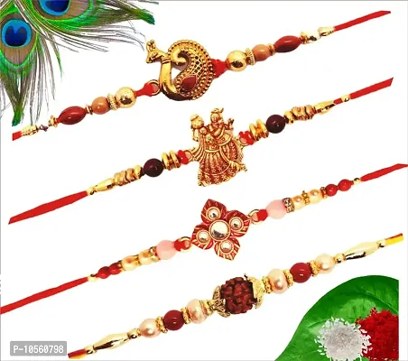 GiftZilla| Designer String Dori Rakhi |Set of 4| Roli Tilak Pack | Rakhi For Brother|Designer Rakhi |Rakhi for bhai/Bhaiya|Special Rakhi for Brother|TGB177