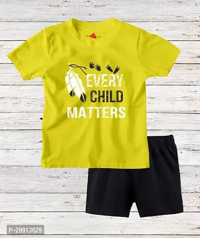 Trendy Yellow Cotton Blend Printed T-Shirts With Shorts For Kids