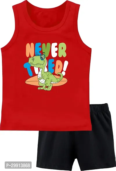 Fabulous Red Cotton Blend Printed T-Shirts with Shorts For Boys