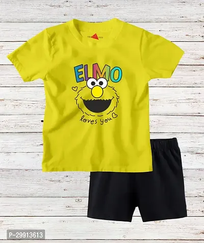 Trendy Yellow Cotton Blend Printed T-Shirts With Shorts For Kids