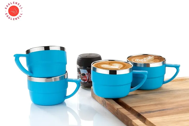 Modern Hot Beverage 6 Cup Set | Steel and Plastic Coffee and Tea Cup Set | Insulated Brown Warm Tea Cup  Sky Blue