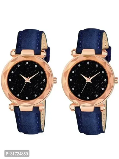 Stylish Blue Synthetic Leather Analog Watches For Unisex Pack Of 2