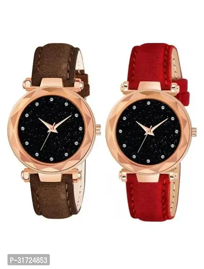 Stylish Multicoloured Synthetic Leather Analog Watches For Unisex Pack Of 2