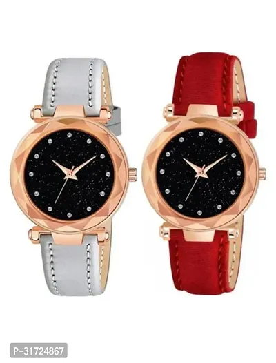 Stylish Multicoloured Synthetic Leather Analog Watches For Unisex Pack Of 2-thumb0