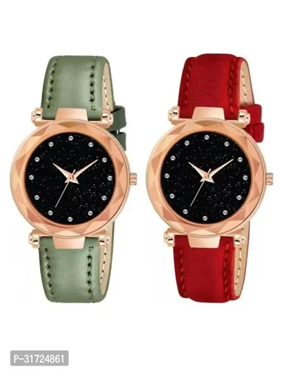 Stylish Multicoloured Synthetic Leather Analog Watches For Unisex Pack Of 2-thumb0