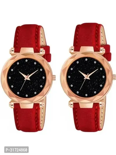 Stylish Red Synthetic Leather Analog Watches For Unisex Pack Of 2