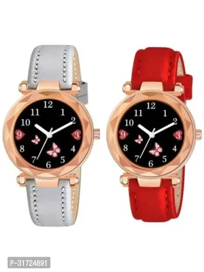 Stylish Multicoloured Synthetic Leather Analog Watches For Unisex Pack Of 2