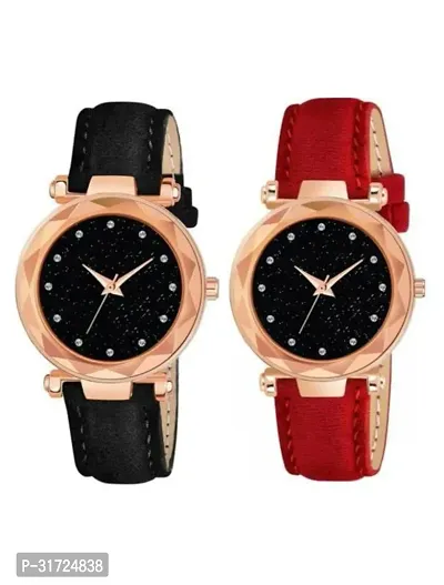 Stylish Multicoloured Synthetic Leather Analog Watches For Unisex Pack Of 2