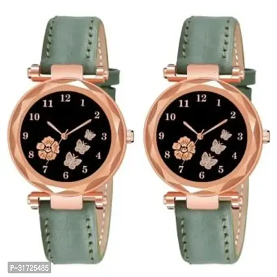 Stylish Green Synthetic Leather Analog Watches For Unisex Pack Of 2-thumb0