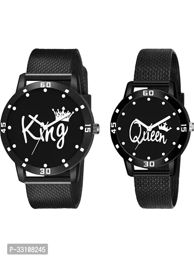 Stylish Black Rubber Strap Analog Watch For Couple Pack Of 2-thumb0