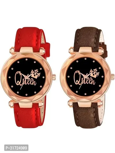 Stylish Multicoloured Synthetic Leather Analog Watches For Unisex Pack Of 2