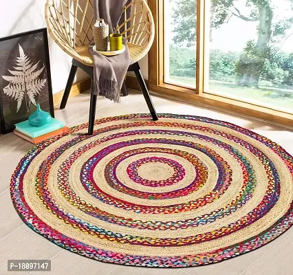 VANU? Handwoven Jute Rug Round and Rectangle Design Natural Fibers, Braided Reversible, Runner, Kitchen Rugs, Hallway, Rug for Living  Bedroom (V-01A, 80 cm Round)-thumb0